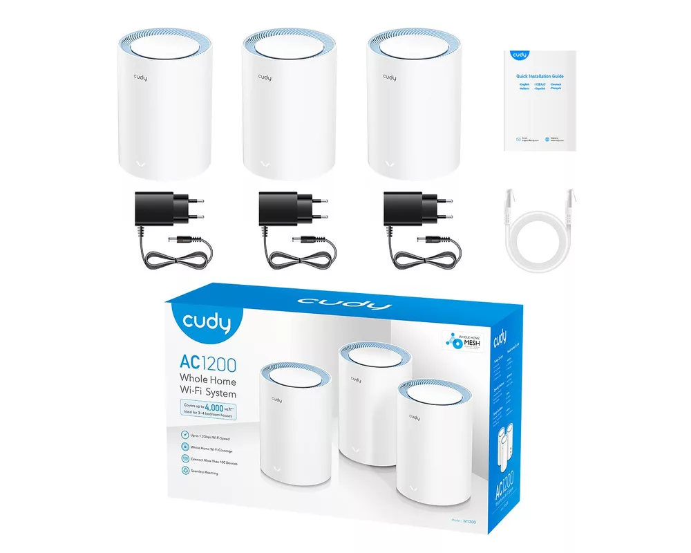 Рутер Безжична MESH система Cudy M1200 3, AC1200 Dual Band, 2.4/5 GHz, 300 - 867 Mbps, 3 броя 5