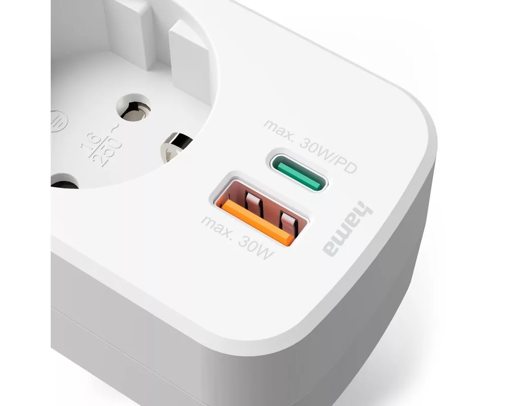 Разклонител HAMA 3-мултипортов контакт, 1 x USB-C PD, 1 x USB-A, 1 x Шуко контакт, 30W PD 5