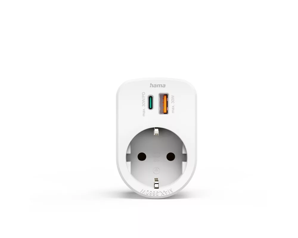 Разклонител HAMA 3-мултипортов контакт, 1 x USB-C PD, 1 x USB-A, 1 x Шуко контакт, 30W PD 2