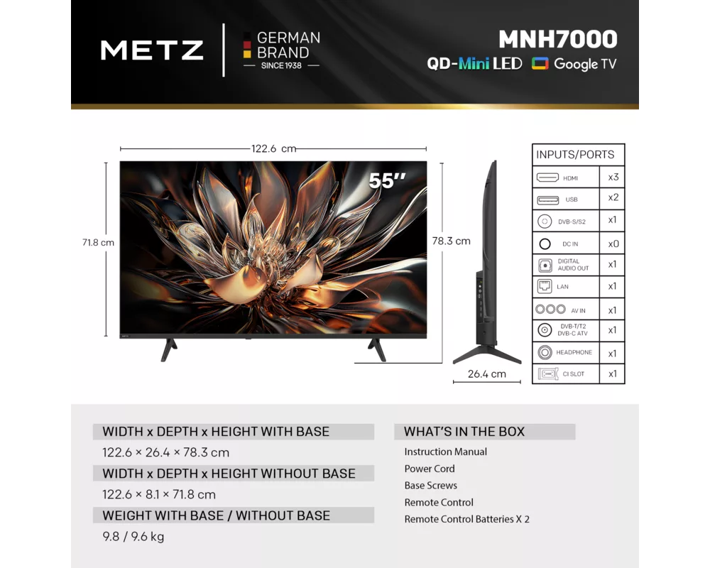 Телевизор METZ 55" 55MNH7000Z UHD 4K QD-Mini LED, Matte Screen Ultra, Google TV, Клас E 5