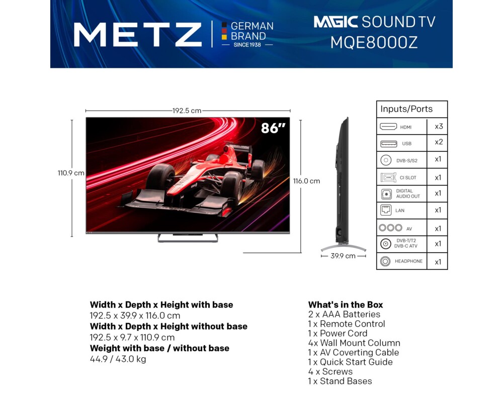 Телевизор METZ 86MQE8000Z, 86"(217 см), QLED, Google TV, 4K/UND, 144Hz 6 Телевизор METZ 86MQE8000Z, 86"(217 см), QLED, Google TV, 4K/UND, 144Hz 6