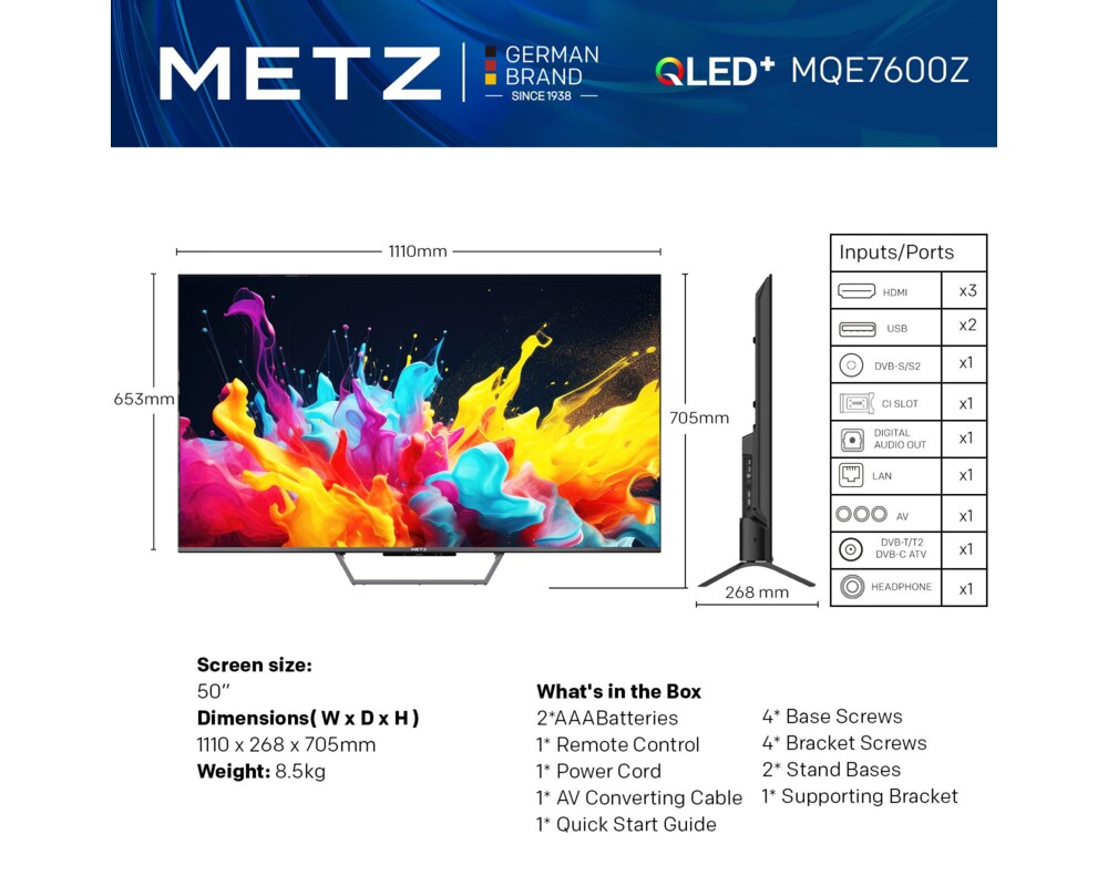 Телевизор METZ 50MQE7600Z, 50"(126 см), QLED, Google TV, 4K/UND, 60Hz 2 Телевизор METZ 50MQE7600Z, 50"(126 см), QLED, Google TV, 4K/UND, 60Hz 2