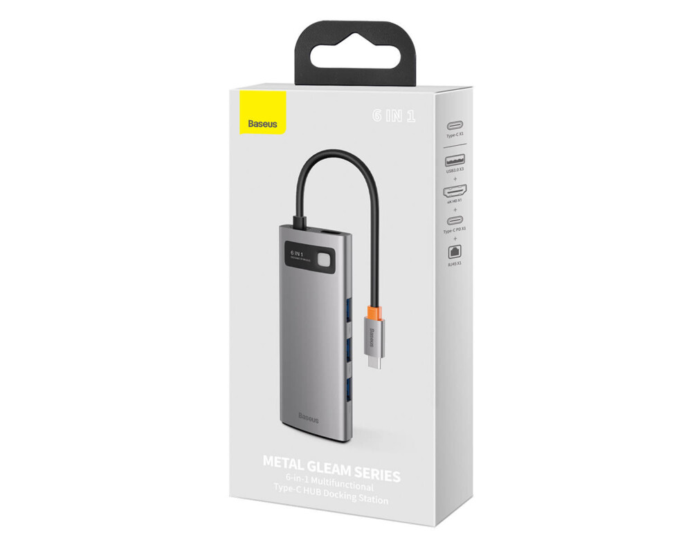 USB хъб Baseus Type-C 6 в 1 с 3х USB 3.0, 1х HDMI, 1х RJ45, 1х USB-C порта, сив 6