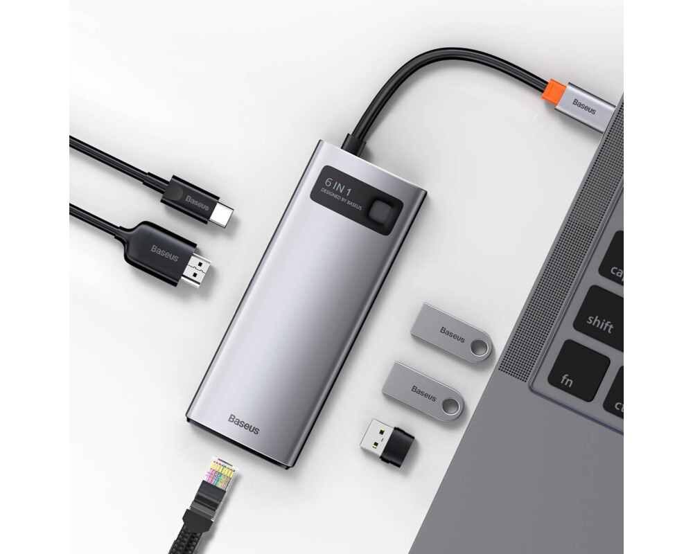 USB хъб Baseus Type-C 6 в 1 с 3х USB 3.0, 1х HDMI, 1х RJ45, 1х USB-C порта, сив 4