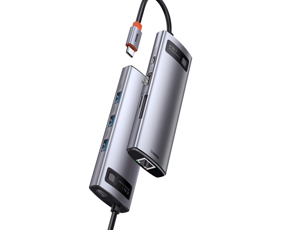 USB хъб Baseus Type-C 8 в 1 с USB Type-C PD/3x USB 3.2 Gen 1/RJ45 1 Gbps/HDMI 4K 30 Hz/SD/microSD 8