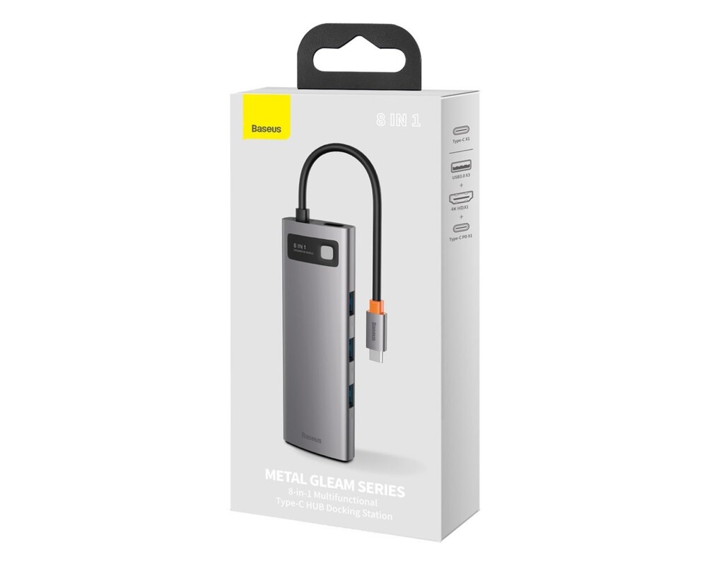 USB хъб Baseus Type-C 8 в 1 с USB Type-C PD/3x USB 3.2 Gen 1/RJ45 1 Gbps/HDMI 4K 30 Hz/SD/microSD 5