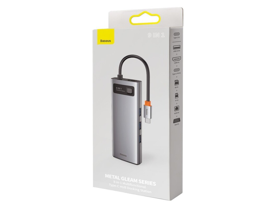 USB хъб Baseus Type-C 9 в 1 с USB Type-C PD/3x USB 3.2 Gen 1/RJ45 1 Gbps/VGA FHD 60 Hz/HDMI 4k 30 Hz/TF/SD 4