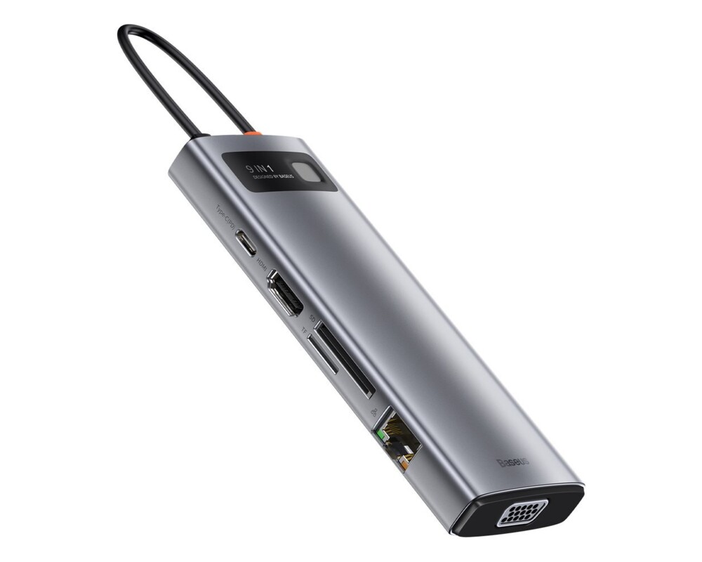 USB хъб Baseus Type-C 9 в 1 с USB Type-C PD/3x USB 3.2 Gen 1/RJ45 1 Gbps/VGA FHD 60 Hz/HDMI 4k 30 Hz/TF/SD 6