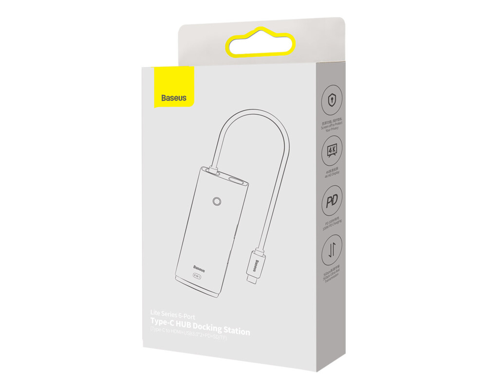 USB хъб Baseus Lite Type-C с 2x USB 3.0/USB Type-C PD/HDMI 1.4/ SD/TF порта черен 10
