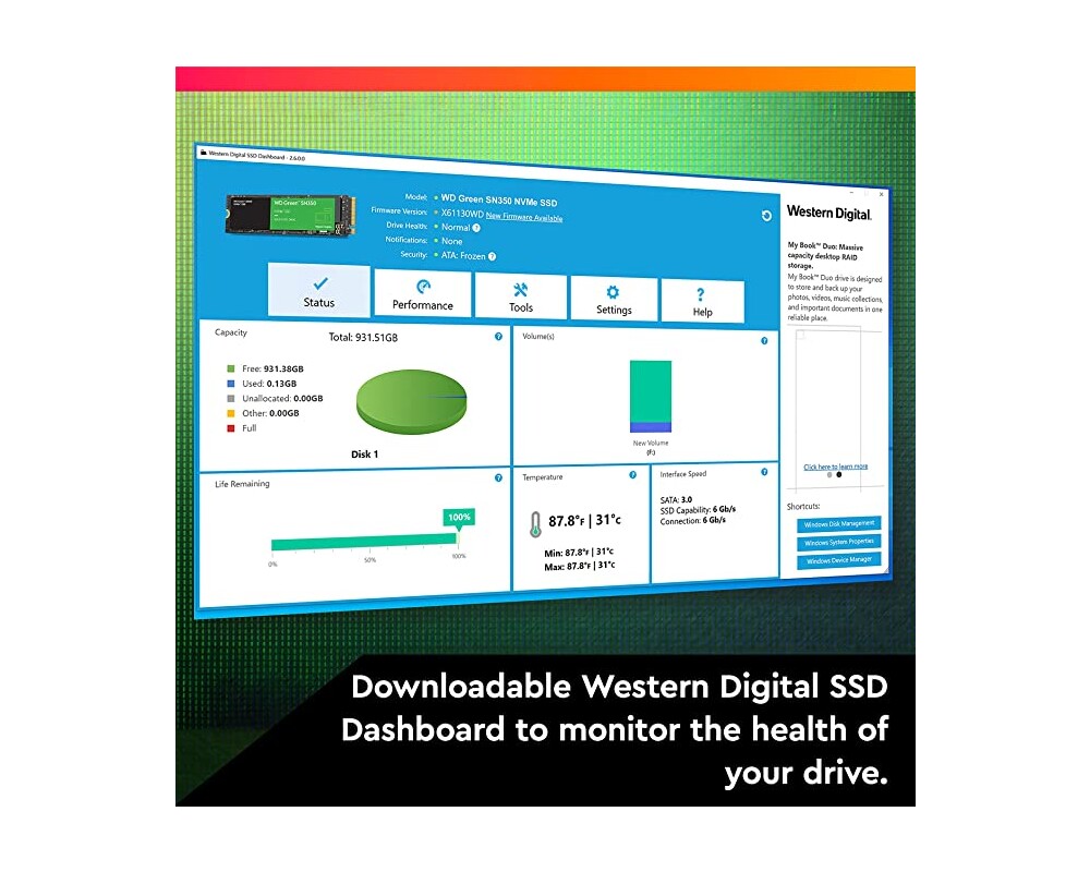 SSD WD Green SN350 NVMe SSD 1TB M.2 2280 PCIe Gen3 8Gb 6