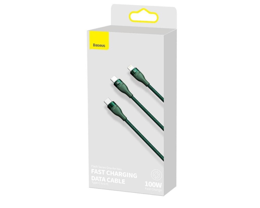 Кабел Кабел за бързо зареждане Baseus Flash Series 2в1 Type-C към Type-C/Lightning, 1.5м, зелен 8