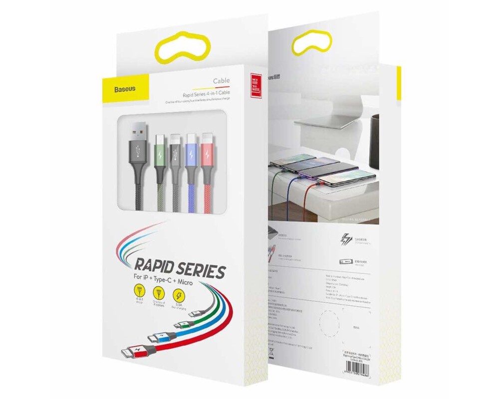 Кабел Baseus 4 в 1 USB-A към microUSB/Lightning/2xUSB Type-C, 3.5A, 1.2м, черен CA1T4-B01 2