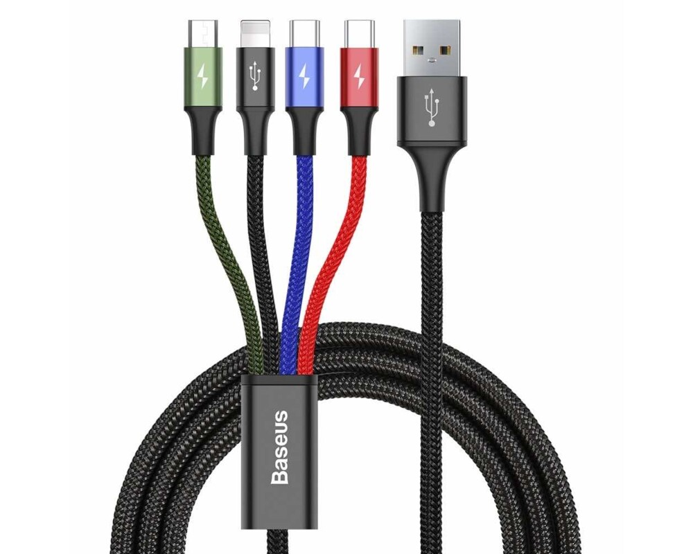Кабел Baseus 4 в 1 USB-A към microUSB/Lightning/2xUSB Type-C, 3.5A, 1.2м, черен CA1T4-B01 5
