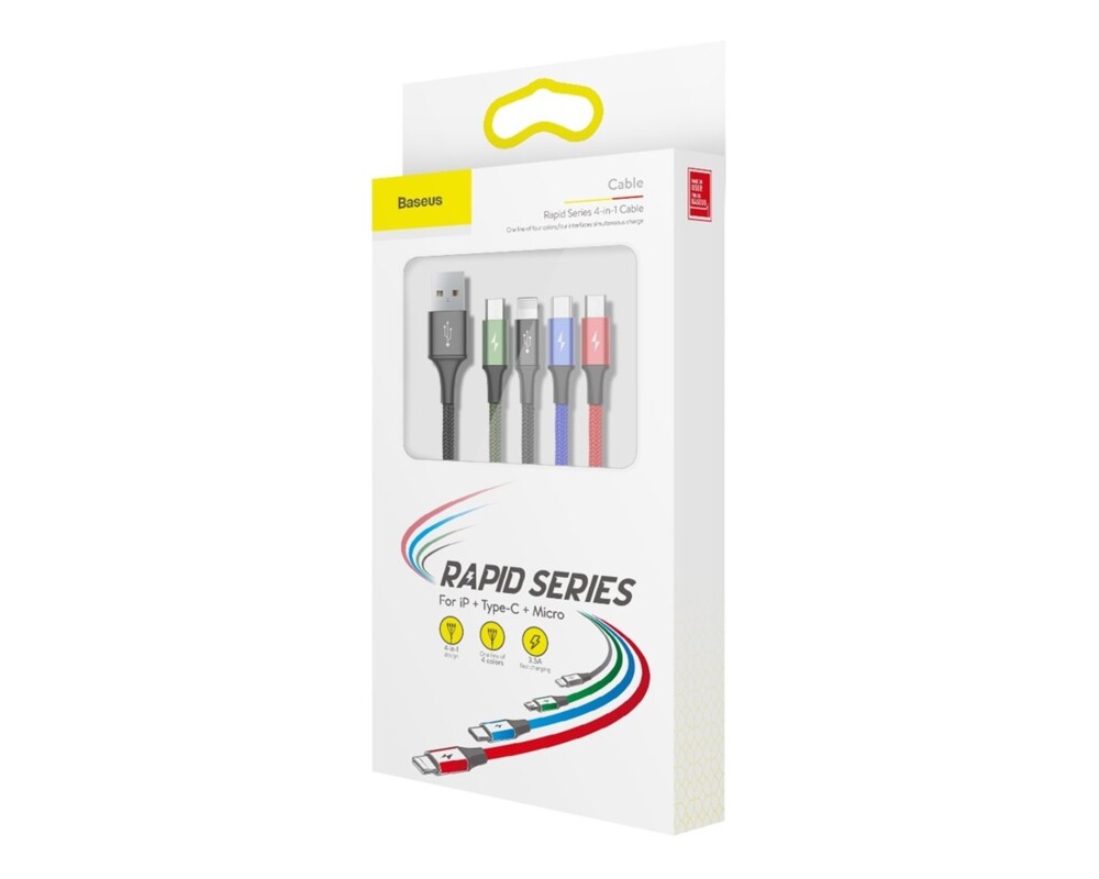 Кабел Baseus 4 в 1 USB-A към Lightning / USB Type C / 2x micro USB  3.5A, 1.2м черен 6