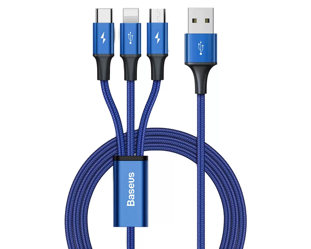 Кабел Кабел Baseus Rapid 3-in-1 USB Cable от USB-C към USB-C/Lightning/microUSB CAJS000003, 1.2m, син 5