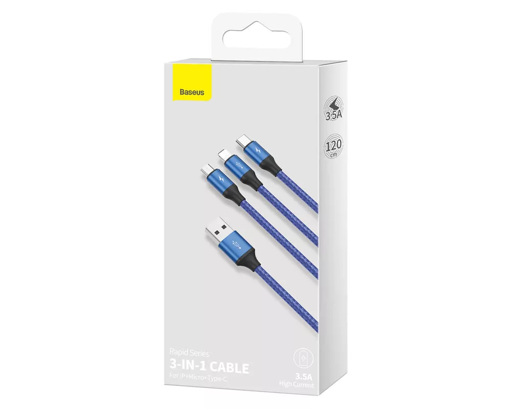 Кабел Кабел Baseus Rapid 3-in-1 USB Cable от USB-C към USB-C/Lightning/microUSB CAJS000003, 1.2m, син 8