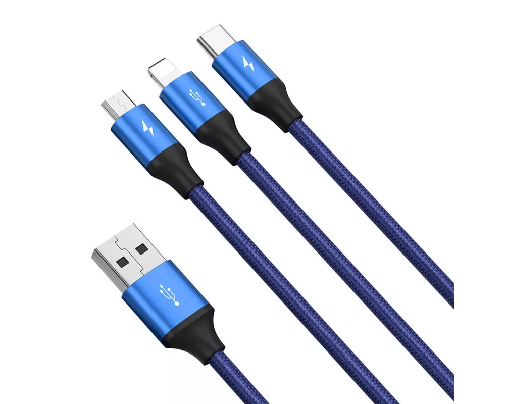 Кабел Кабел Baseus Rapid 3-in-1 USB Cable от USB-C към USB-C/Lightning/microUSB CAJS000003, 1.2m, син 6