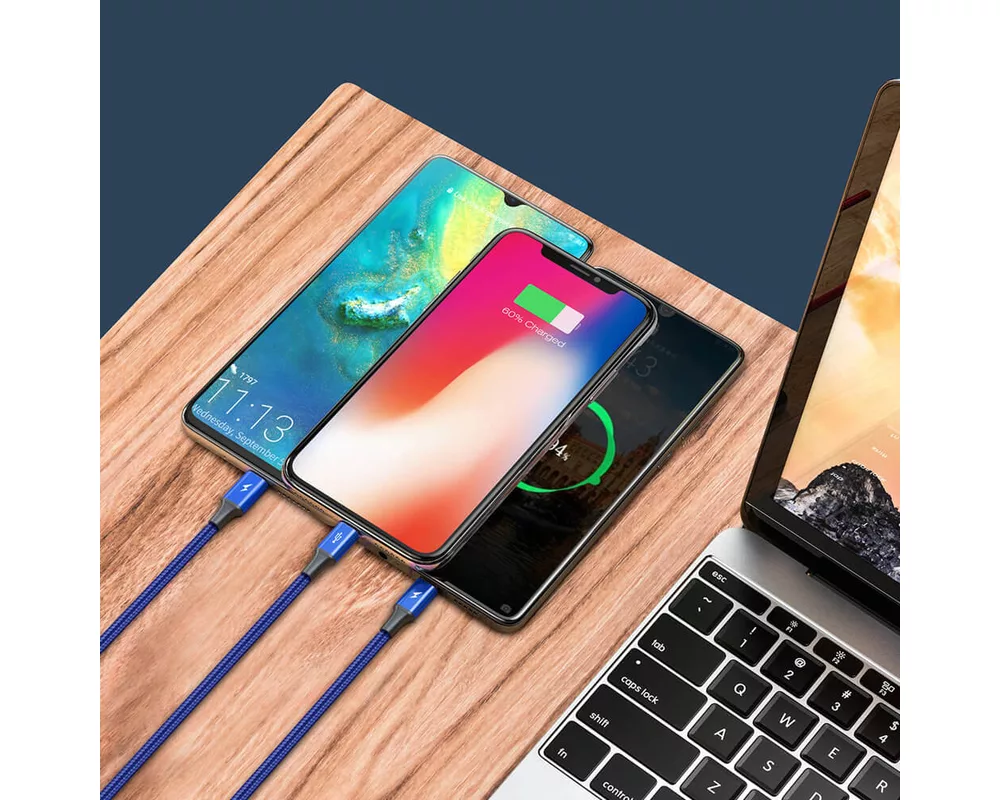 Кабел Кабел Baseus Rapid 3-in-1 USB Cable от USB-C към USB-C/Lightning/microUSB CAJS000003, 1.2m, син 3