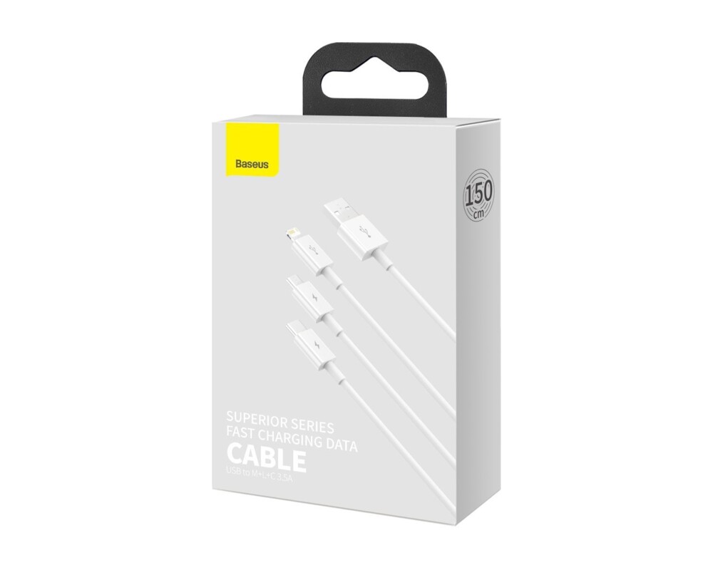 Кабел Baseus Superior 3 в 1 USB-А към Lightning, microUSB и USB-C, 1.5м, бял 8