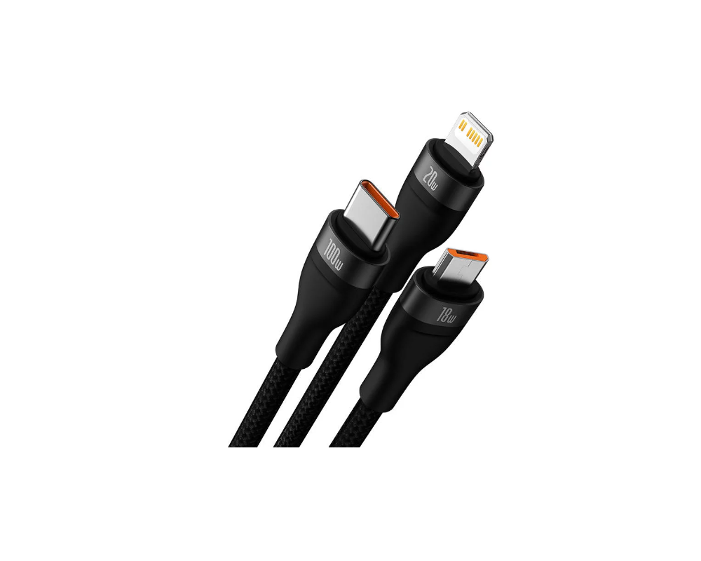 Кабел Baseus CASS030201 3в1 Flash Series USB към USB-C + micro USB + Lightning 100W 1.5м черен 7