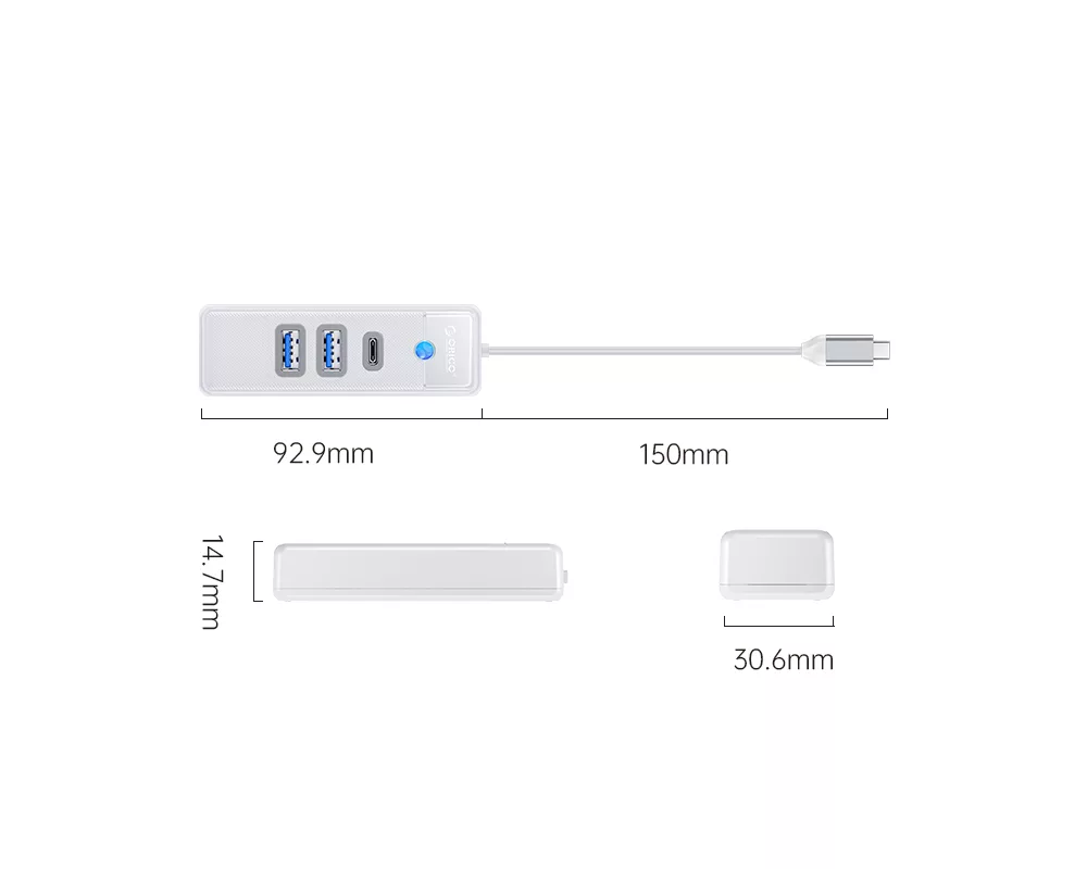 USB хъб Orico USB-C към 2x USB 3.0+USB-C 5Gbps 0,15 м PWC2U-C3 - бял 3