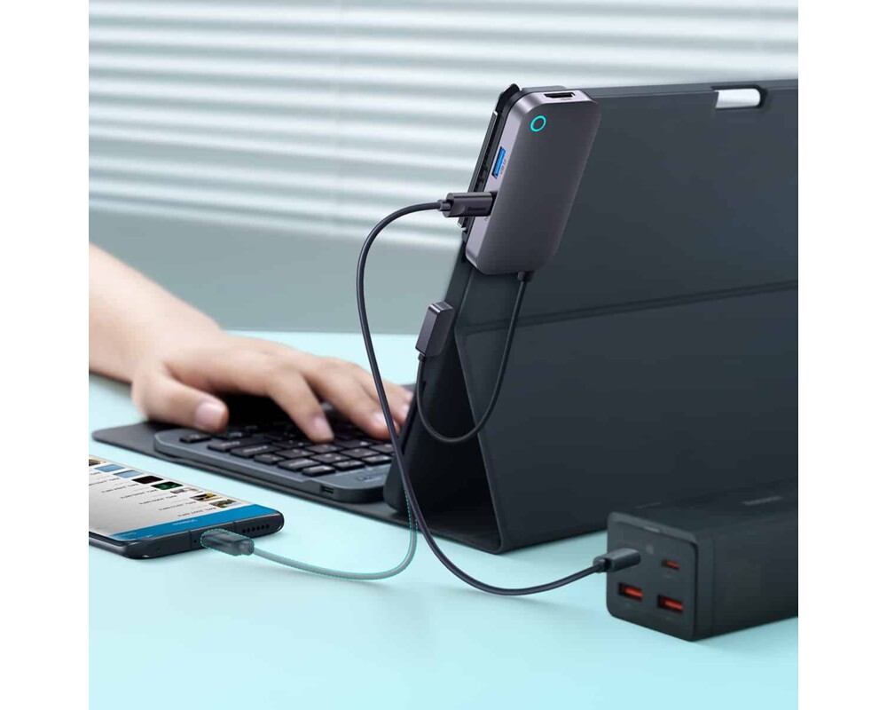 USB хъб Baseus PadJoy Series Hub 4 в 1 USB-C към USB 3.0 / HDMI / USB-C PD / Mini Jack 3,5 мм - сив 5