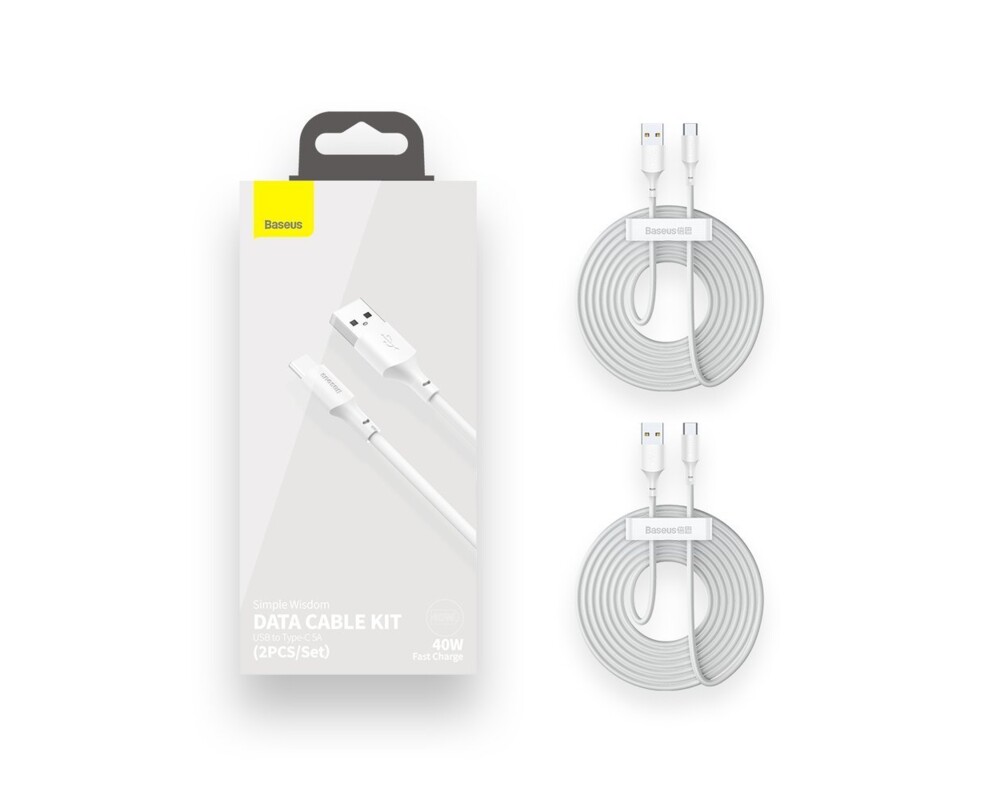 Кабел Baseus TZCATZJ-02 USB-A към USB-C за бързо зареждане 2 броя, 40W, 5A, 1.5м, бял 7