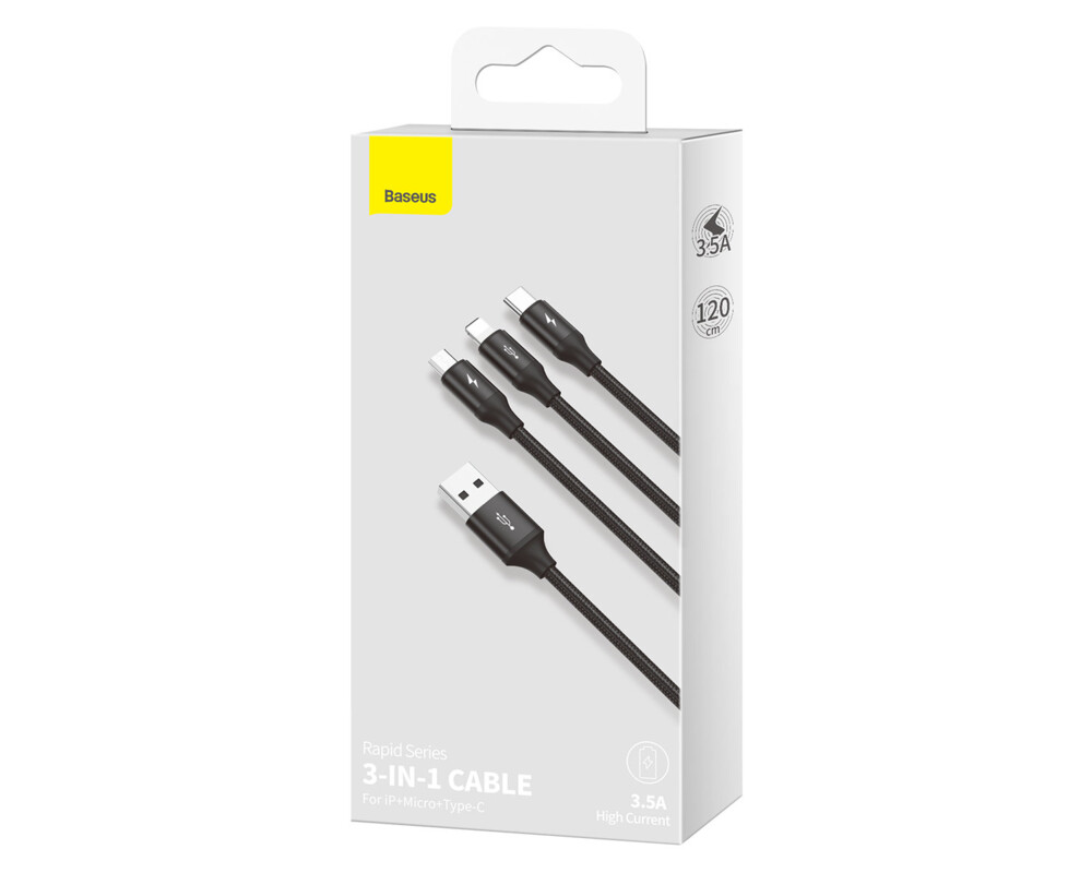 Кабел Кабел Baseus Rapid 3in1 CAJS000001 USB към USB-C / Lightning / micro USB 1.2м черен 6