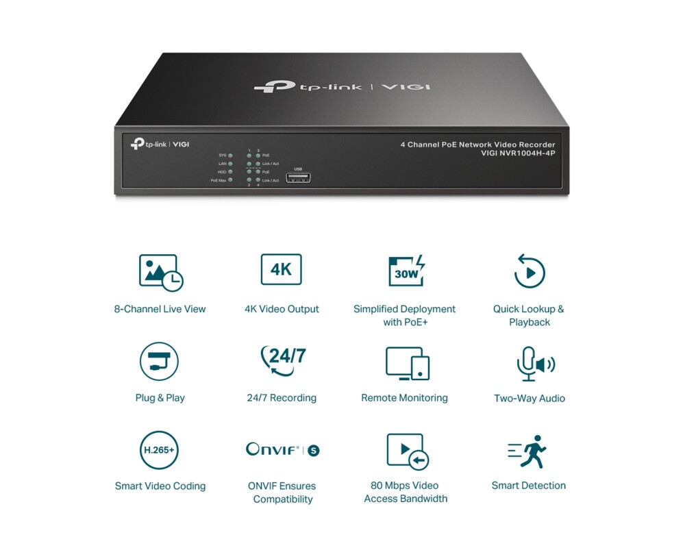 NVR - Цифрово записващо у-во TP-Link VIGI NVR1004H-4P PoE+ 4-канален 2