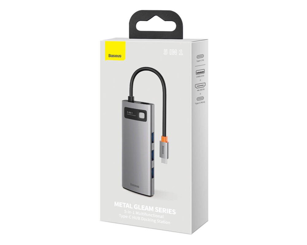USB хъб Baseus Type-C 5 в 1 с 3х USB 3.0, 1х HDMI, 1х USB-C порта, сив 3