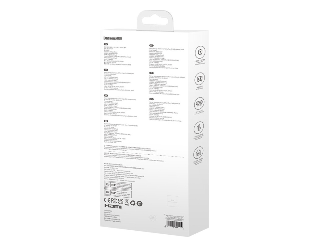 USB хъб Baseus AcmeJoy 8-портов USB-C към 1xHDMI /2xUSB-A 3.0 / 1xUSB-A 2.0 / 1xUSB-C PD&Data /1xRJ45 / 1xSD/TF - сив 9