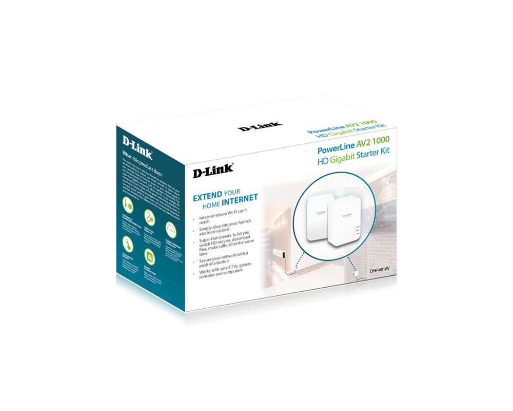 Powerline адаптер Адаптер D-Link PowerLine AV2 1000 HD Gigabit Starter Kit, 1000 Mbps, 2 бр. в пакет, DHP-601AV/E 12