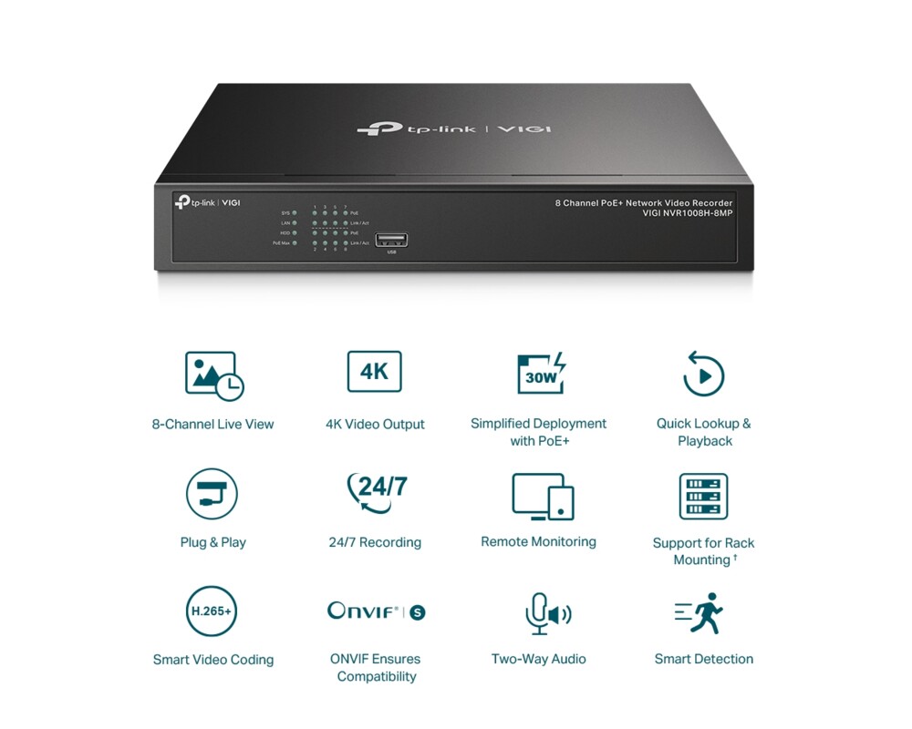 NVR - Цифрово записващо у-во TP-Link VIGI NVR1008H-8MP 8-канален PoE+ 3