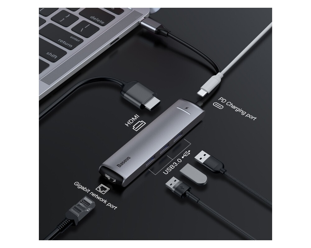 USB хъб Baseus 6 в 1 от Type-C към USB 3.0, USB Type C, PD 87W, HDMI 4К, RJ-45 CAHUB-J0G - черен 9