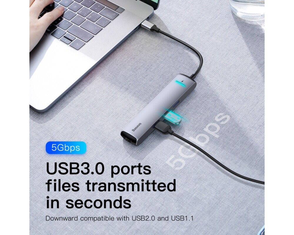 USB хъб Baseus 6 в 1 от Type-C към USB 3.0, USB Type C, PD 87W, HDMI 4К, RJ-45 CAHUB-J0G - черен 6