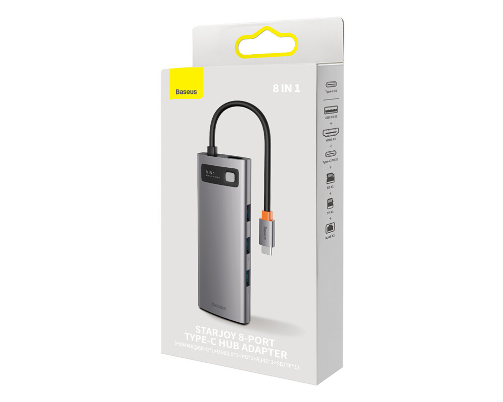 USB хъб Baseus 8 в 1 USB-C към 3x USB-A / 1x HDMI / 1x RJ45 / 1x SD/TF / 1x USB-C PD WKWG080113 - сив 5
