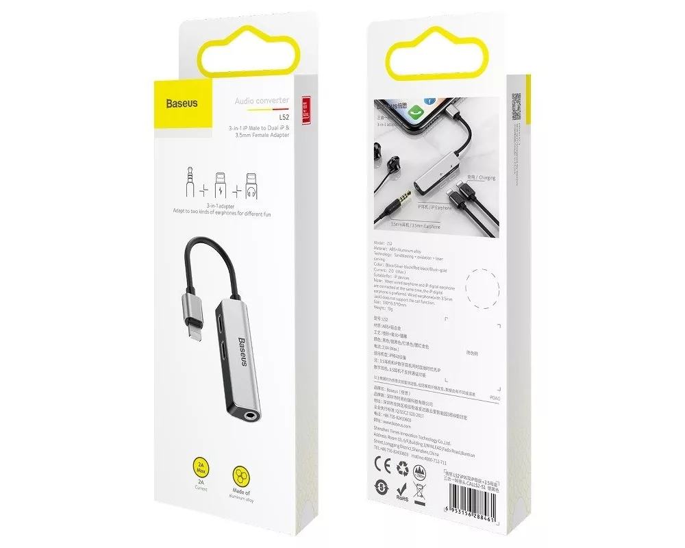Адаптери Адаптер Baseus L52  Lightning към Mini Jack 3.5mm и 2x Lightning - сребрист 6