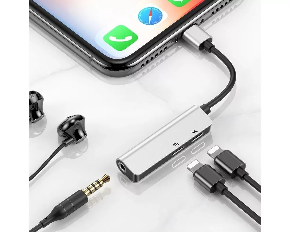 Адаптери Адаптер Baseus L52  Lightning към Mini Jack 3.5mm и 2x Lightning - сребрист 5