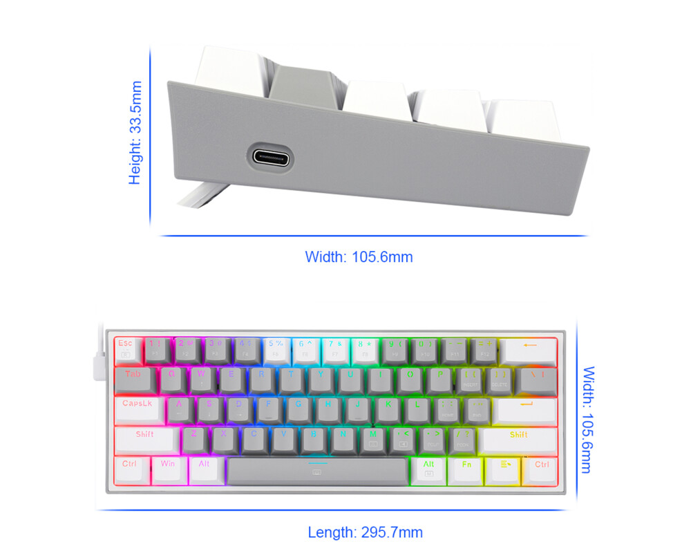 Клавиатура RGB Механична геймърска клавиатура Redragon Fizz K617-RGB-GW сиво/бяло 7