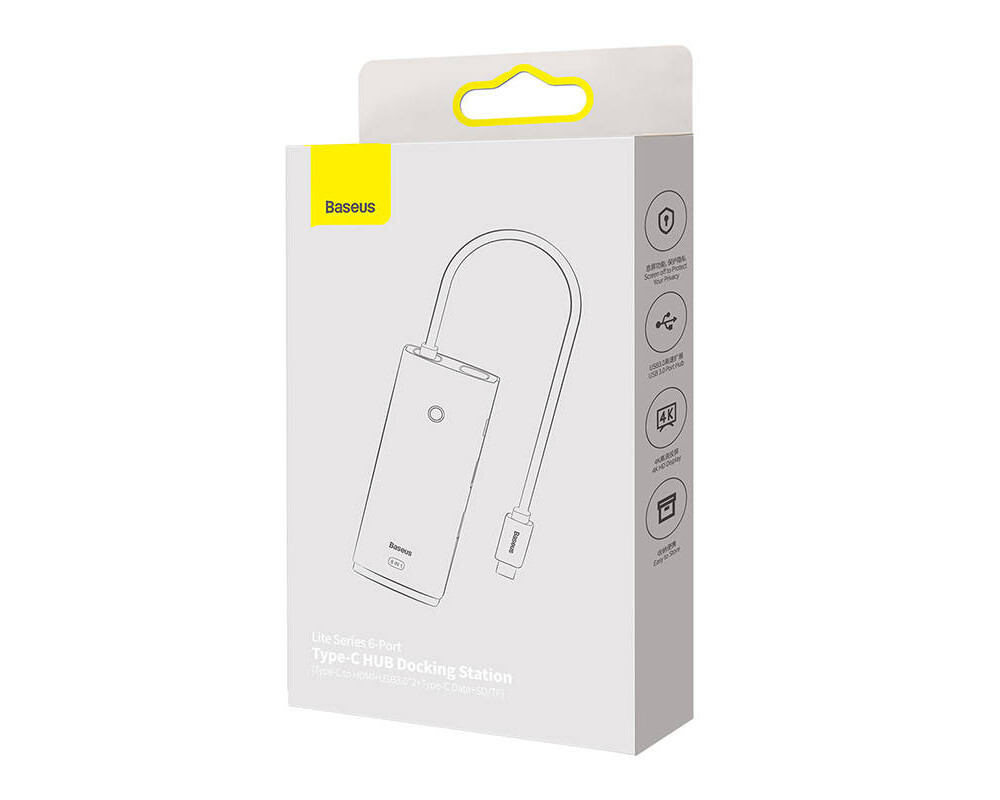 USB хъб Мултифункционален USB хъб Baseus WKQX050002 6 в 1 Lite Series, USB-C към 2x USB 3.0 + HDMI + USB-C + TF/SD - бял 4