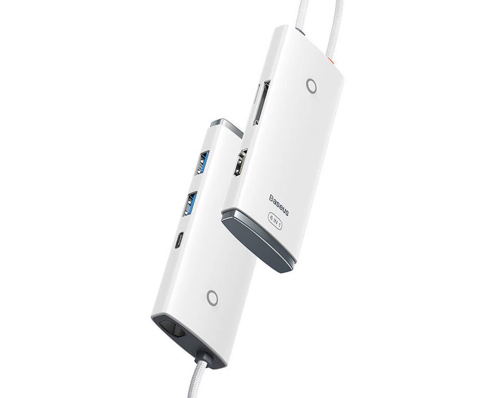USB хъб Мултифункционален USB хъб Baseus WKQX050002 6 в 1 Lite Series, USB-C към 2x USB 3.0 + HDMI + USB-C + TF/SD - бял 2