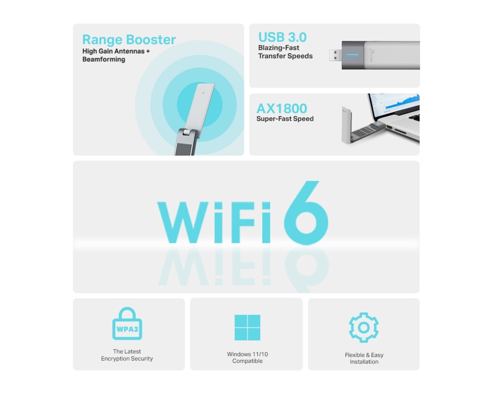 Мрежова карта Безжичен USB 2-лентов адаптер TP-Link Archer TX20UH AX1800 3