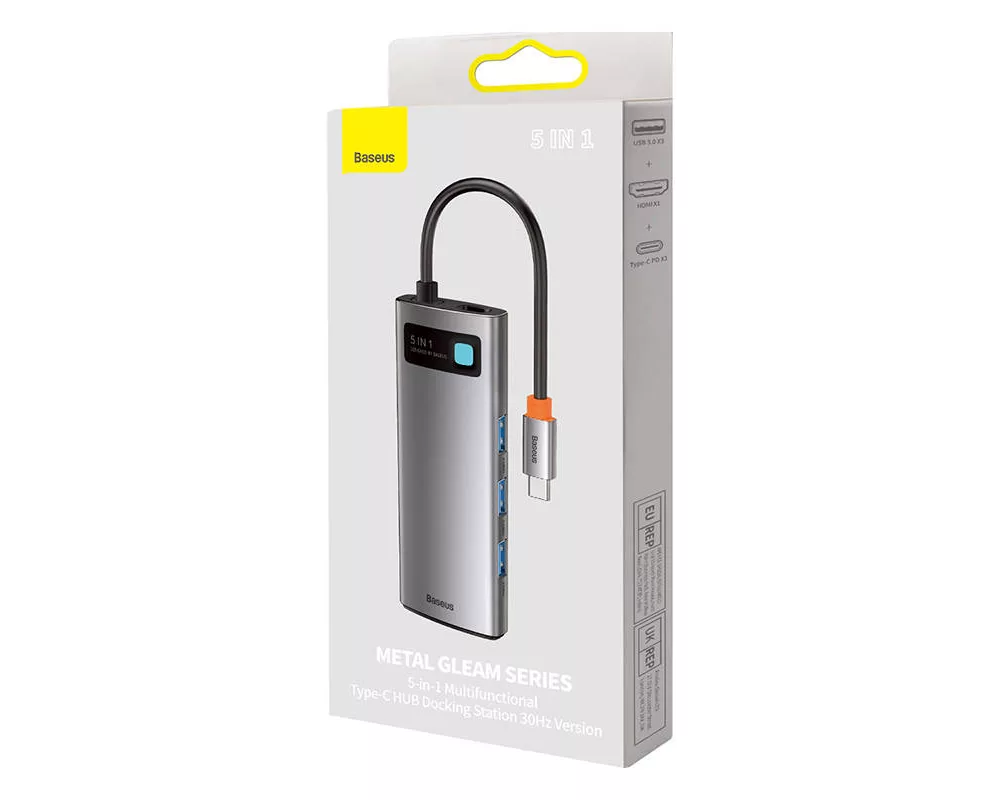 USB хъб Мултифункционален хъб Baseus Metal Gleam Series 5в1 USB-C към 3x USB 3.0 + HDMI + USB-C PD WKWG020013 - сив 7