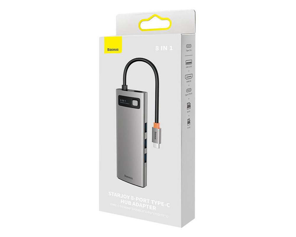 USB хъб Мултифункционален хъб Baseus Metal Gleam Series 8в1 USB-C към 3x USB 3.0 + 2x HDMI + USB-C PD + microSD/SD WKWG050113 - сив 6