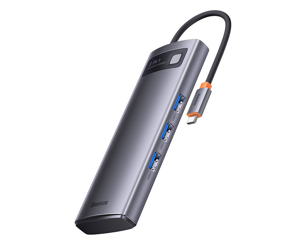 USB хъб Мултифункционален хъб Baseus Metal Gleam Series 8в1 USB-C към 3x USB 3.0 + 2x HDMI + USB-C PD + microSD/SD WKWG050113 - сив 3