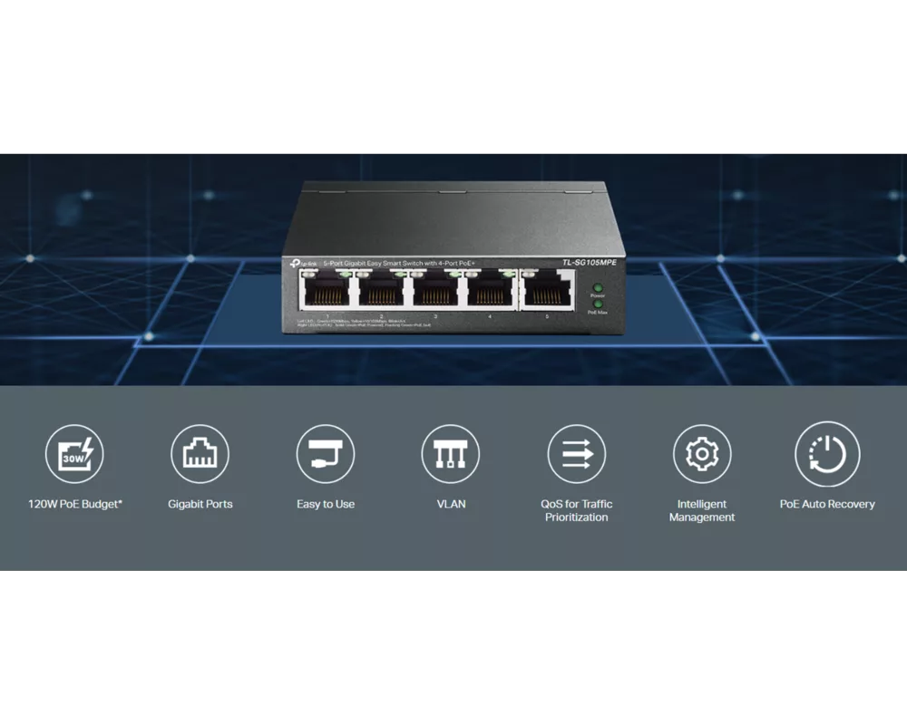 Switch (Комутатор) TP-Link TL-SG105MPE 5-портов Gigabit Easy Smart Switch с 4 порта PoE+ 4