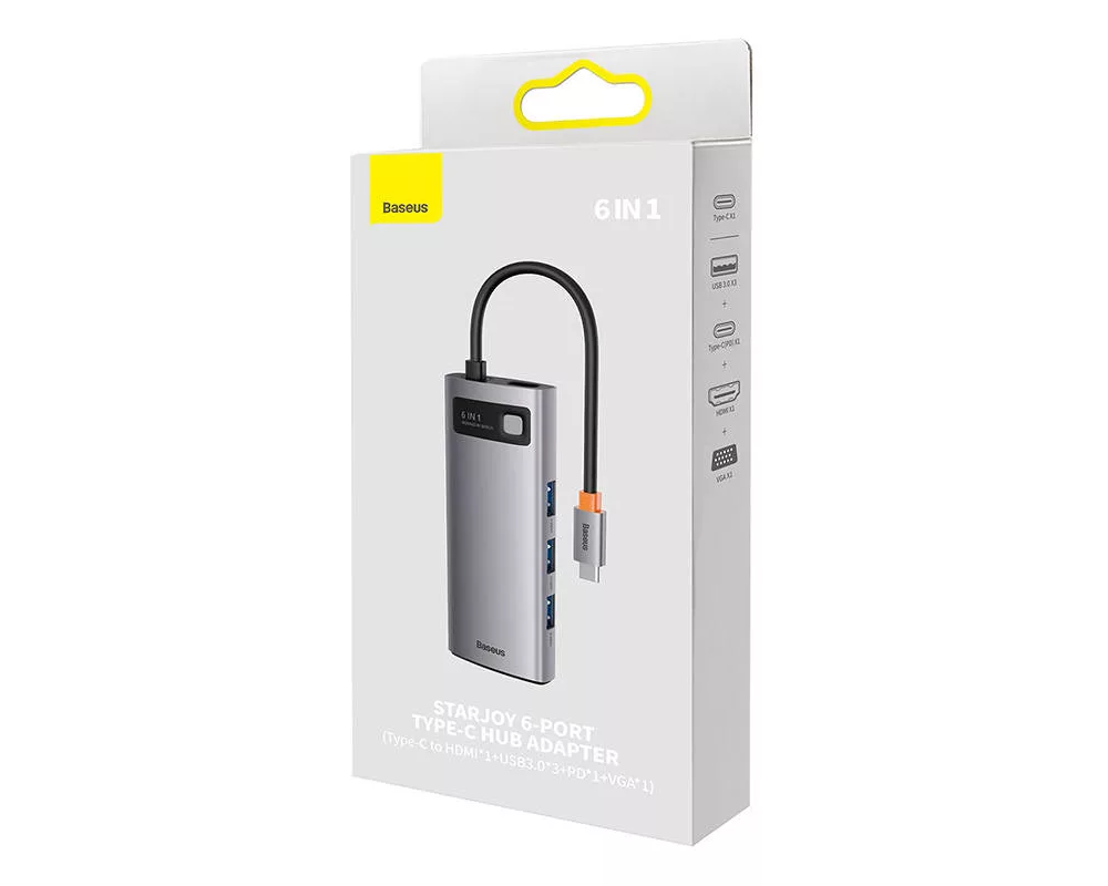 USB хъб Baseus Metal Gleam Series 6в1 USB Type C към 3x USB 3.0 + HDMI + USB-C PD + VGA WKWG030013 - сив 7