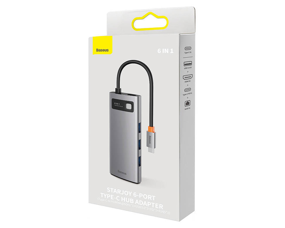 USB хъб Baseus StarJoy 6 в 1 USB-C към 3x USB-A / 1x HDMI / 1x RJ45 / 1x USB-C PD WKWG080013 - сив 9