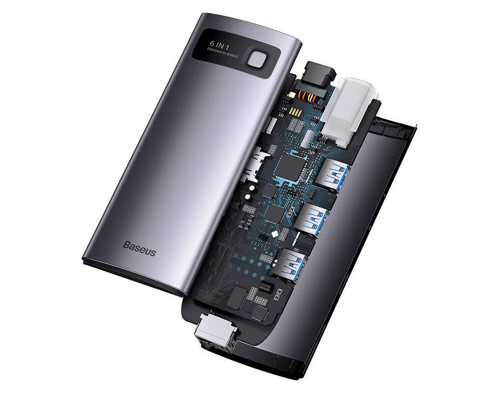 USB хъб Baseus StarJoy 6 в 1 USB-C към 3x USB-A / 1x HDMI / 1x RJ45 / 1x USB-C PD WKWG080013 - сив 6