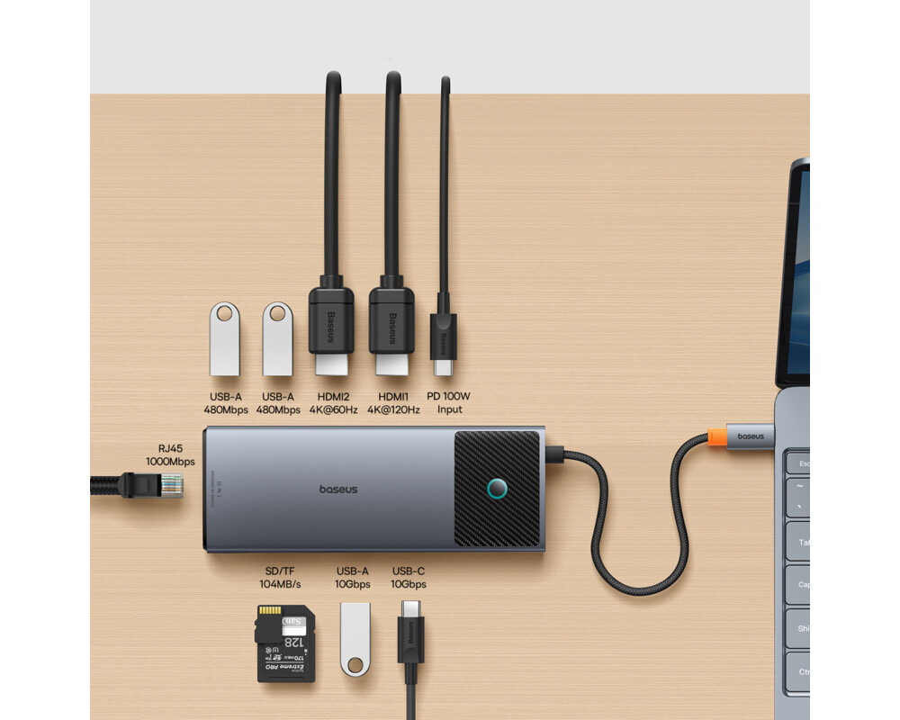 USB хъб Baseus 10 в 1 Metal Gleam II Series Type-C към 2xHDMI, USB-C, 3xUSB-A, RJ45, SD/TF,  USB-C(PD) B00061800813-01 - сив 3